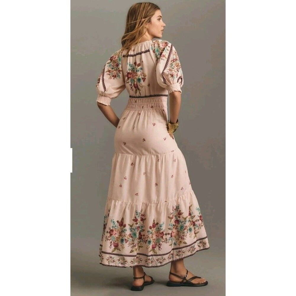 Anthropologie The Somerset Puff-Sleeve Maxi Dress Lg Peasant Boho Cottagecore - Picture 3 of 15